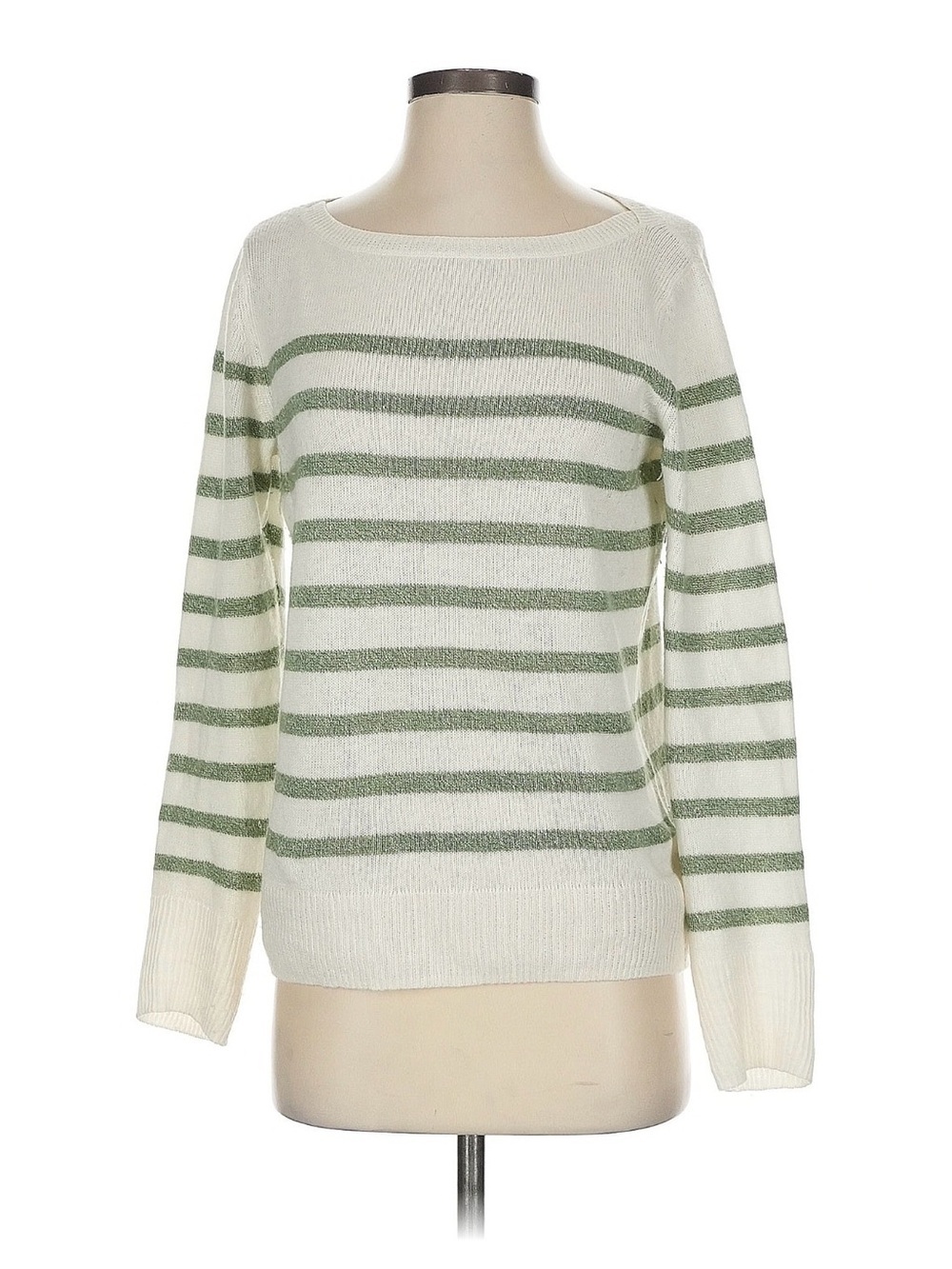 Vineyard Vines Cream and Sage Striped Scoop Neck Sweater 50% cashmere